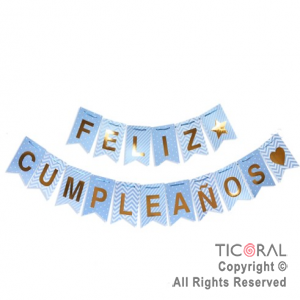 BANDERIN FELIZ CUMPLEA�OS DISE�OS TONOS CELESTE PASTEL x 1